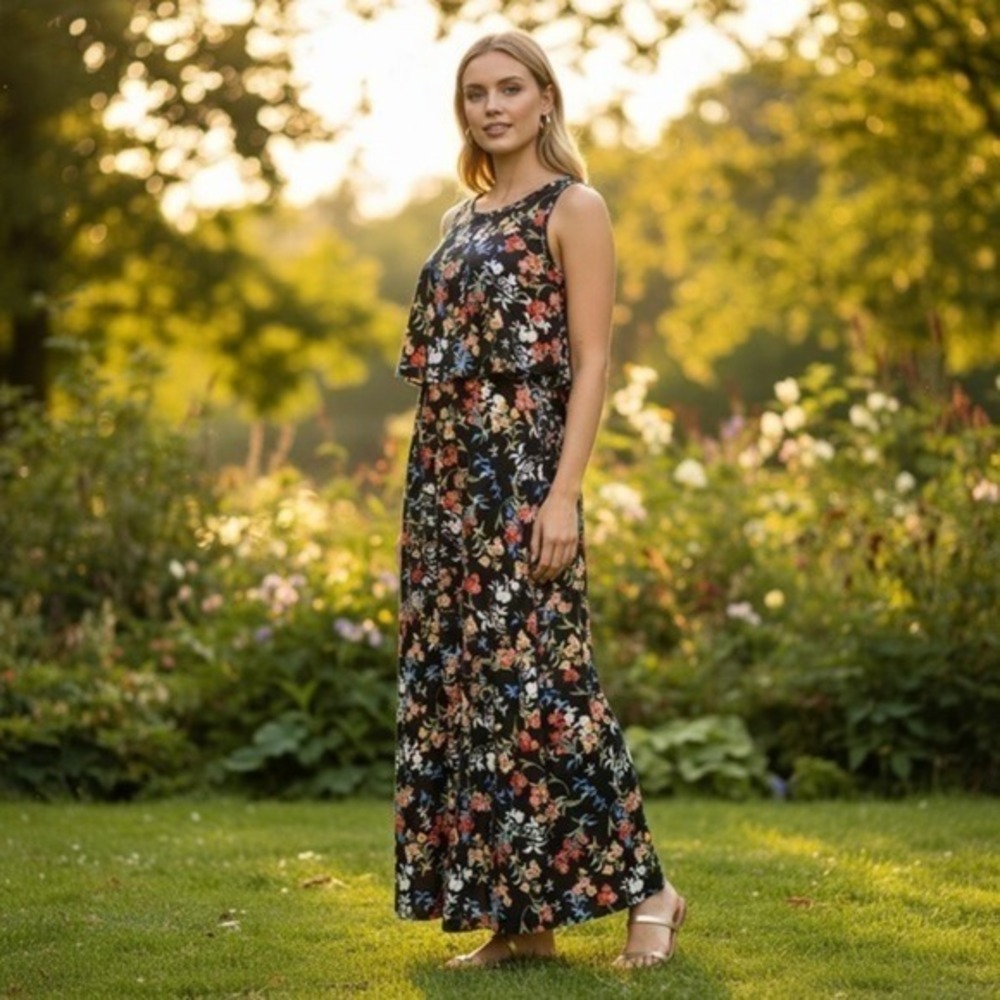 Robert Louis Floral Maxi Knit Dress S Black Popover Smocked Boho Cottage Resort